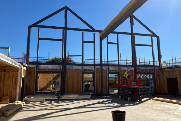 Whitecraig PS - View through Multi-Purpose Hall. Steel Frame and Exterior Timber Panels installed up to 1st level