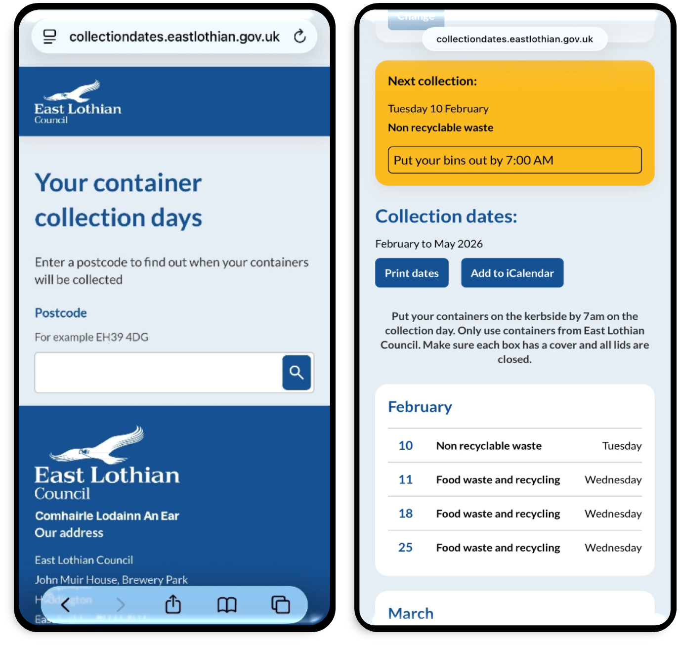 Waste collection calendar mobile phone