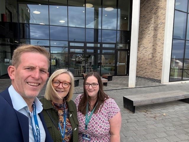 Chief Executive Laurence Rockey at Rosehill High School with Head of Education Nicola McDowell and Head Teacher Gail Preston
