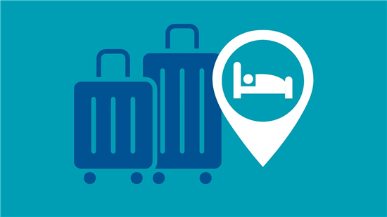 Cartoon depiction of suitcases and a bed
