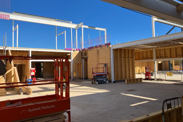 Whitecraig PS - View through Dining Hall_Double Height Arrival Space.  Timber panels progressed to first floor